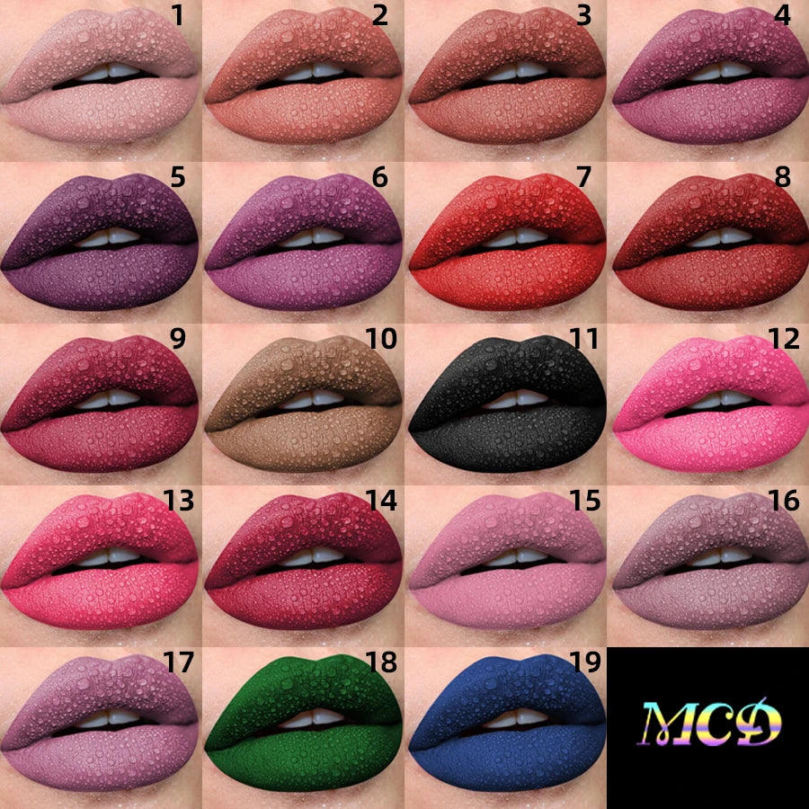 Matte Velvet Lip Gloss in 19 colors for long-lasting, waterproof wear