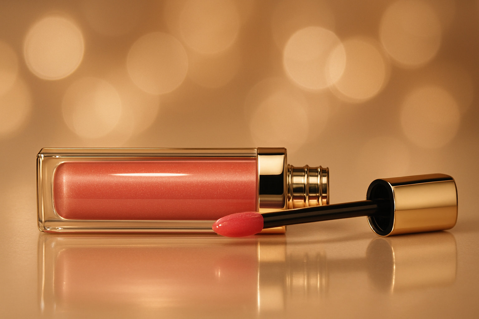single lip gloss lipstick in horizontal position with bokeh in backround